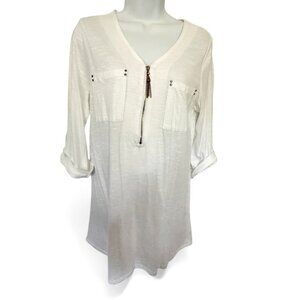 White Roll-Sleeve Top Tunic Blouse Lightweight 3/4 Zip Front Casual NWT
